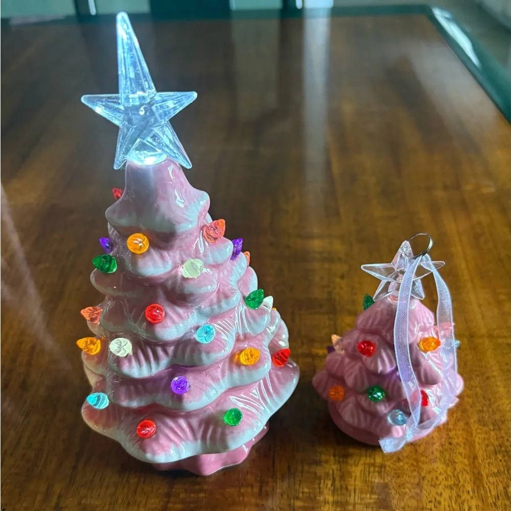 Pink Ceramic Holiday Tree Set with Clear Star Toppers Ornament and Standing Tree